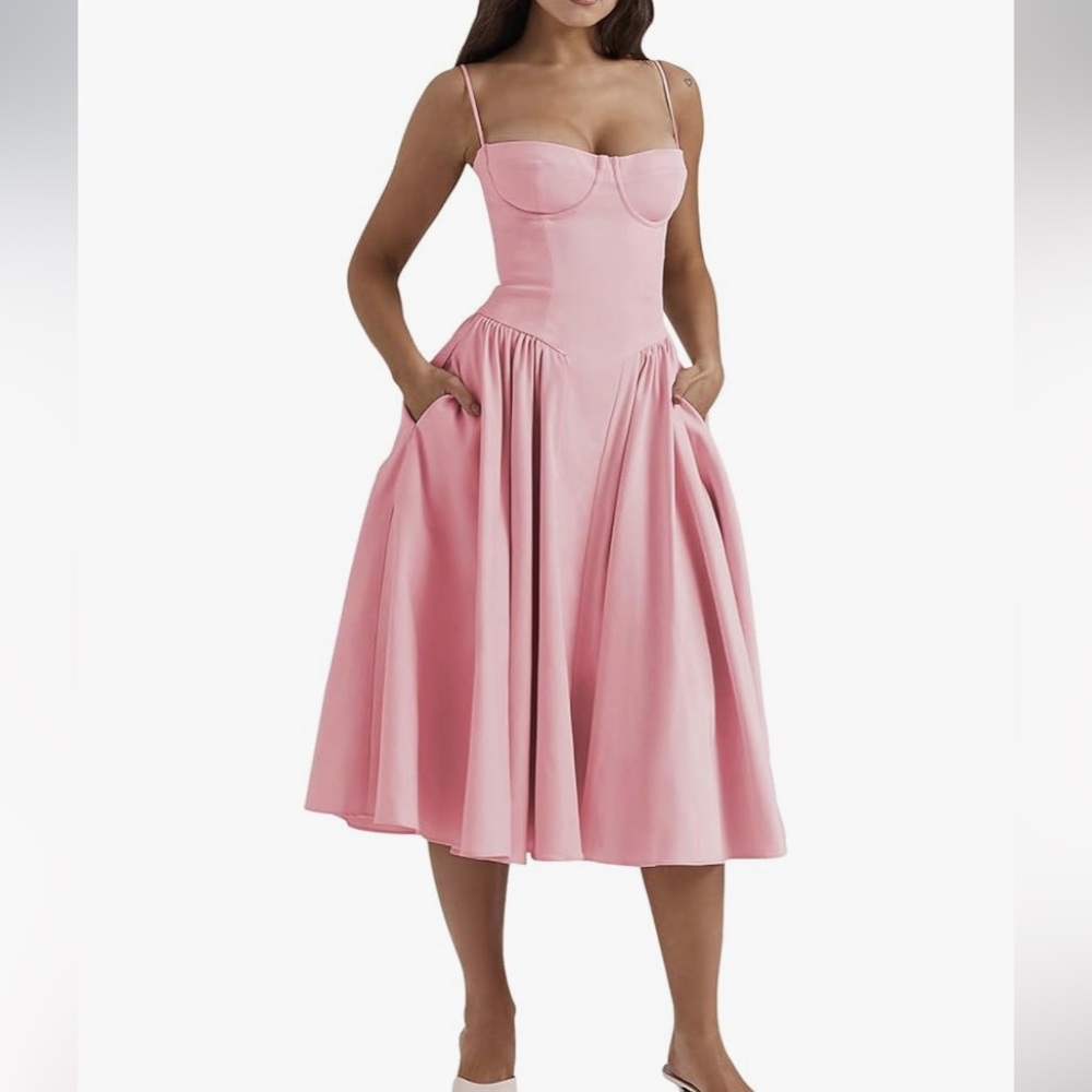 NWT Corset Spaghetti Strap Midi Dress w/ Pockets Adjustable Fit A-Line Women’s